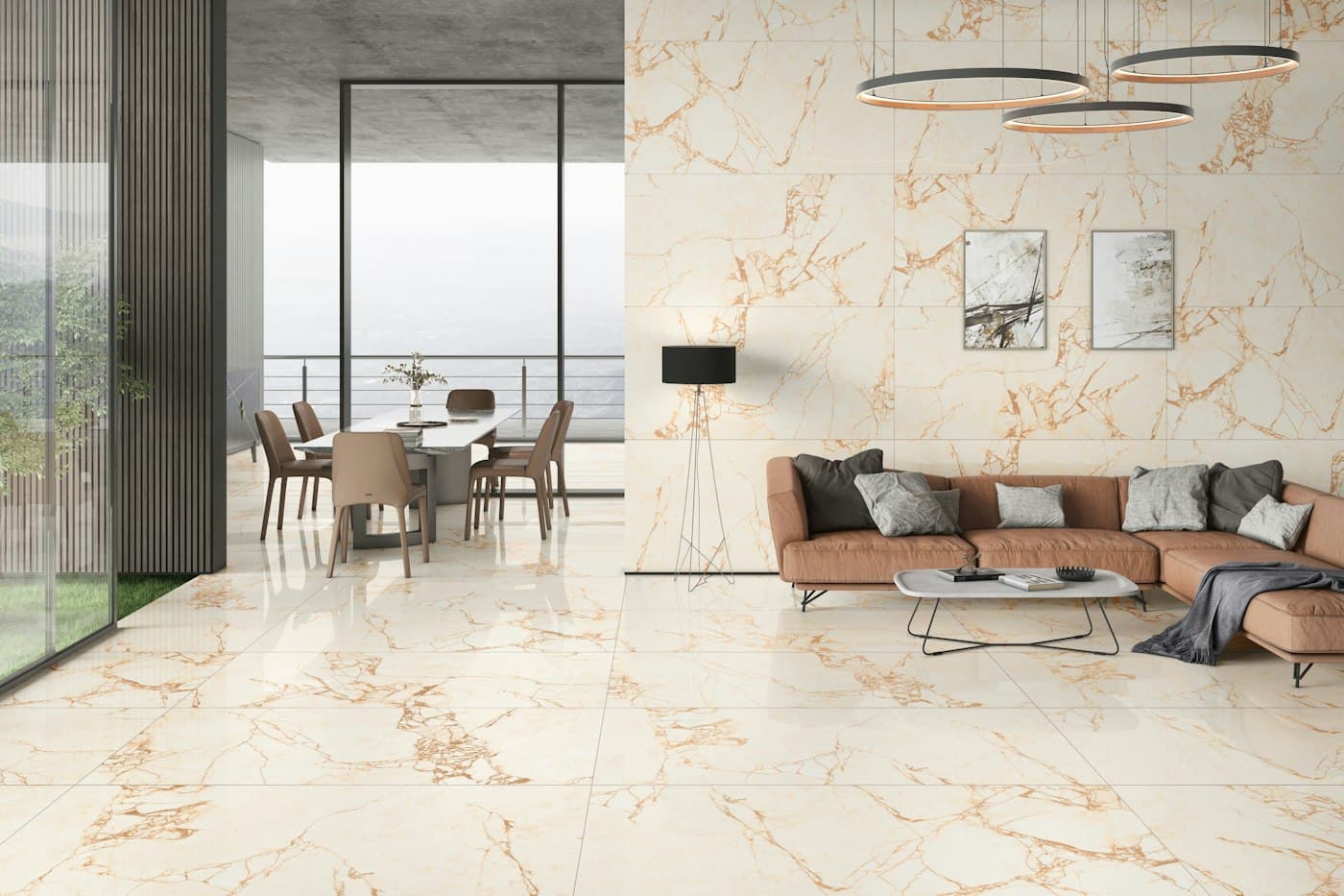 Illustrative photo: living room with large marble effect floor tiles