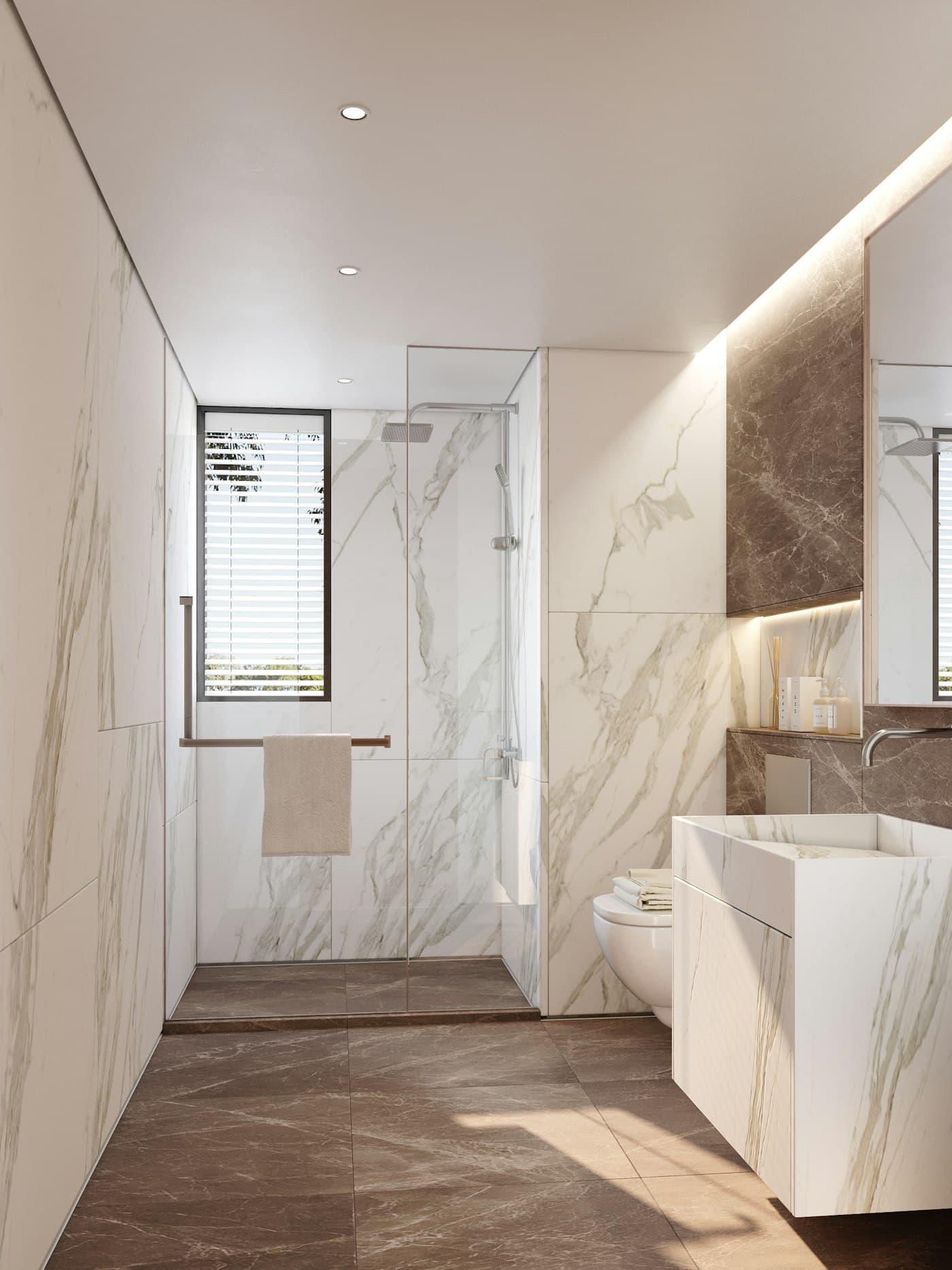 Illustrative photo: bathroom with marble effect wall tiles